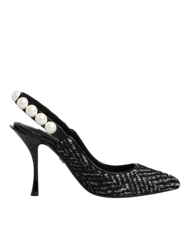 Dolce & Gabbana White Black Chevron Faux Pearl Slingback Shoes - Hilstor
