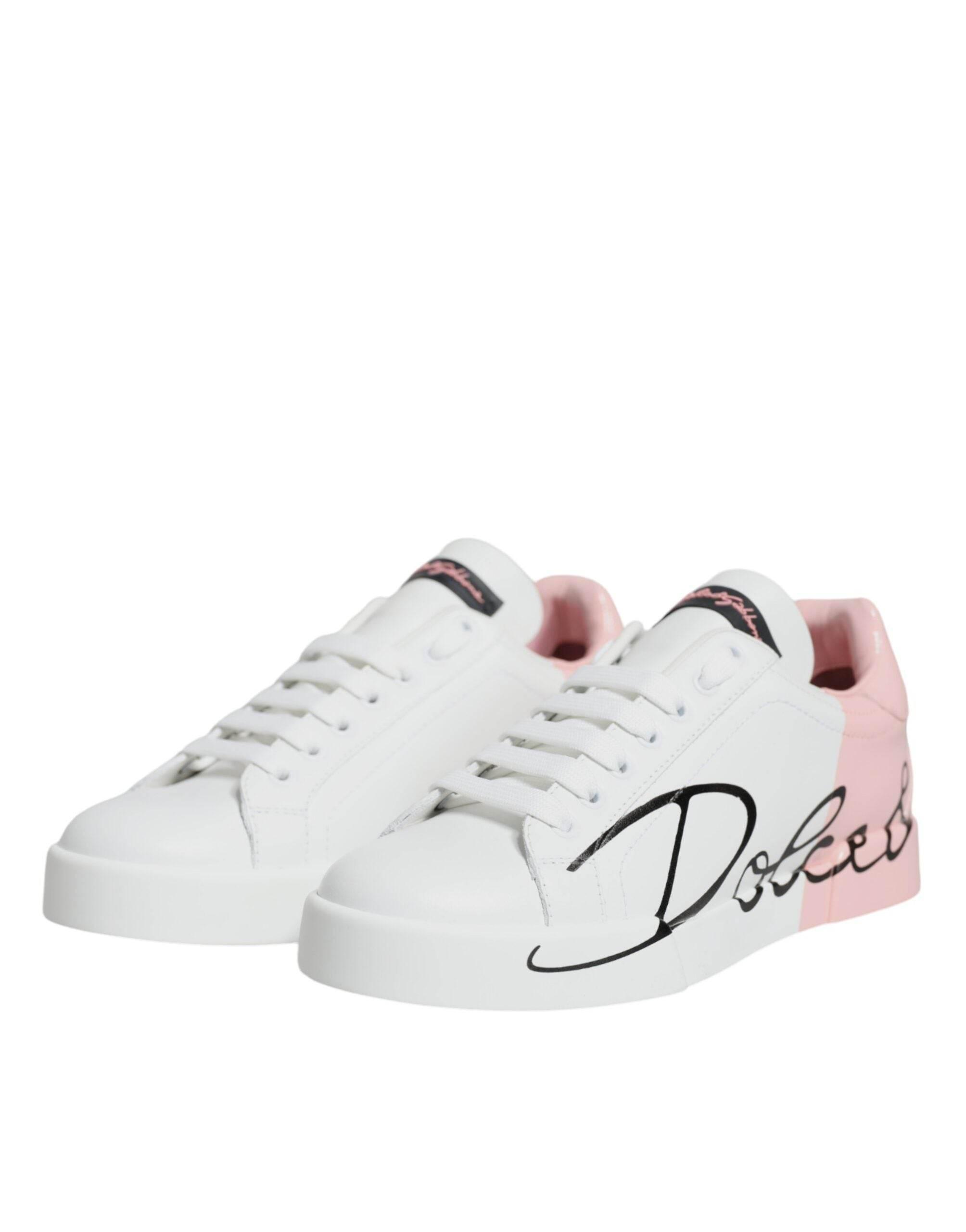 Dolce & Gabbana White Pink Portofino Low Top Sneakers Shoes - Hilstor
