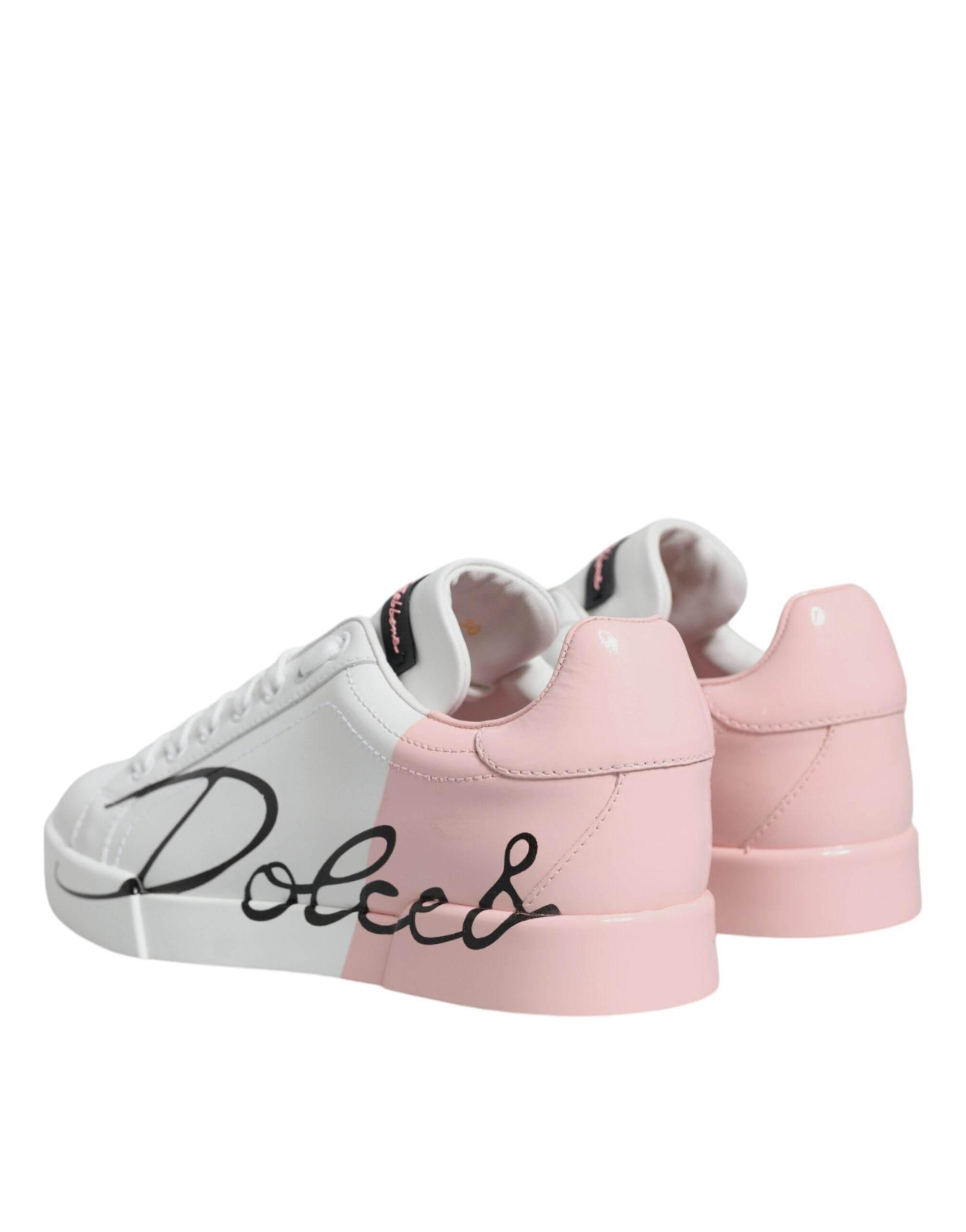 Dolce & Gabbana White Pink Portofino Low Top Sneakers Shoes - Hilstor