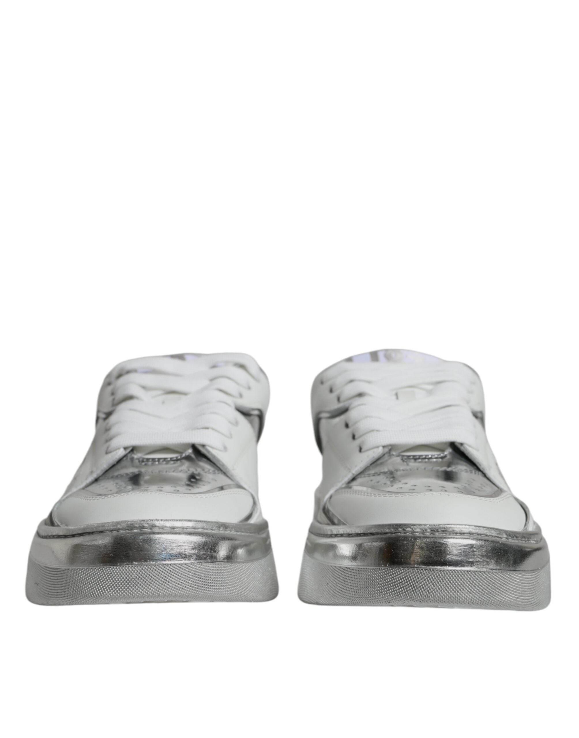 Dolce & Gabbana White Silver Leather Low Top Sneakers Shoes - Hilstor