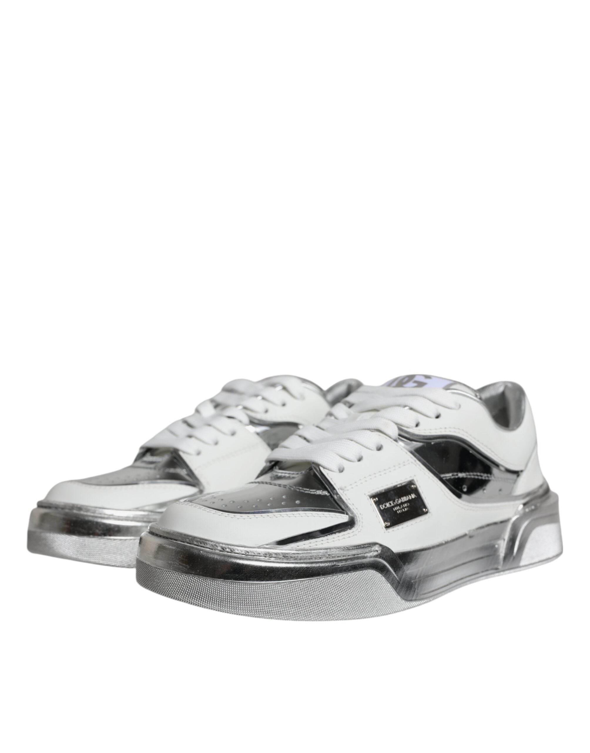Dolce & Gabbana White Silver Leather Low Top Sneakers Shoes - Hilstor