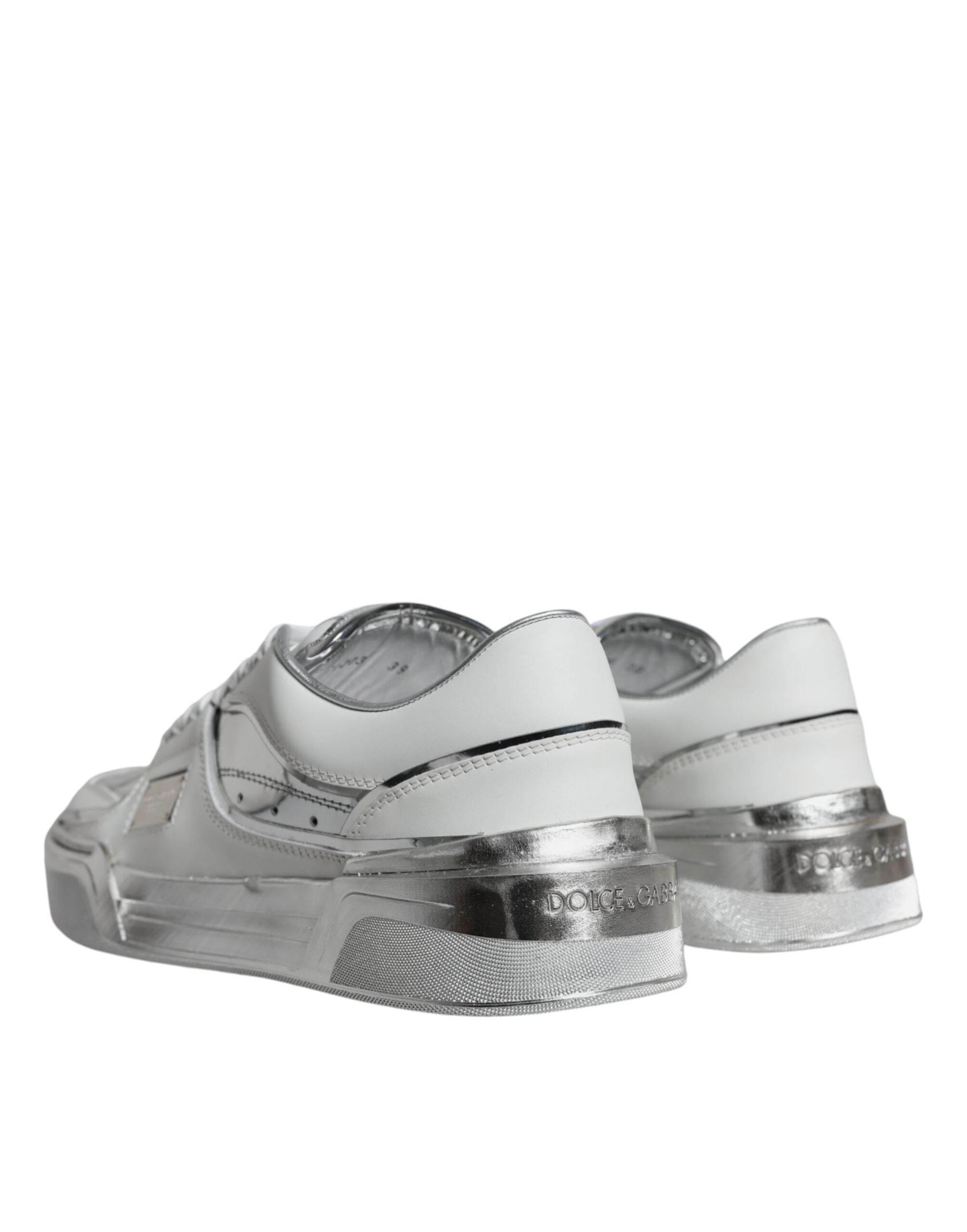 Dolce & Gabbana White Silver Leather Low Top Sneakers Shoes - Hilstor