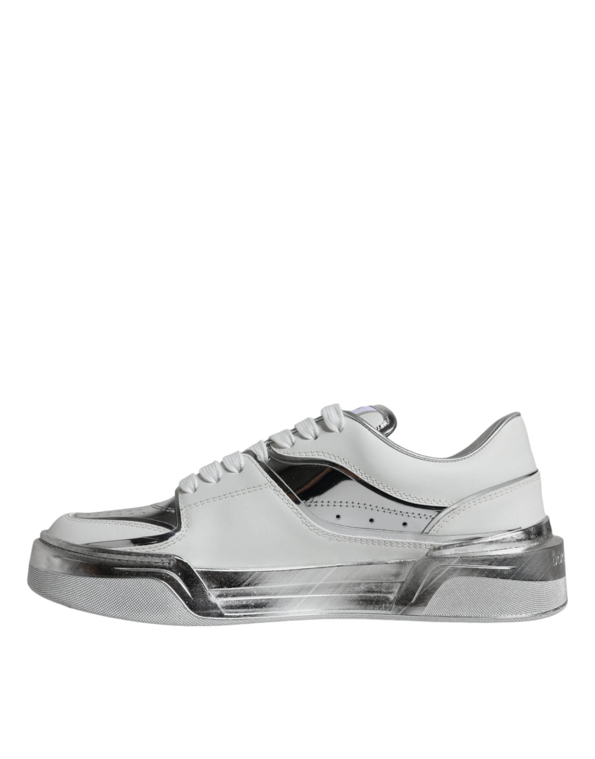 Dolce & Gabbana White Silver Leather Low Top Sneakers Shoes - Hilstor