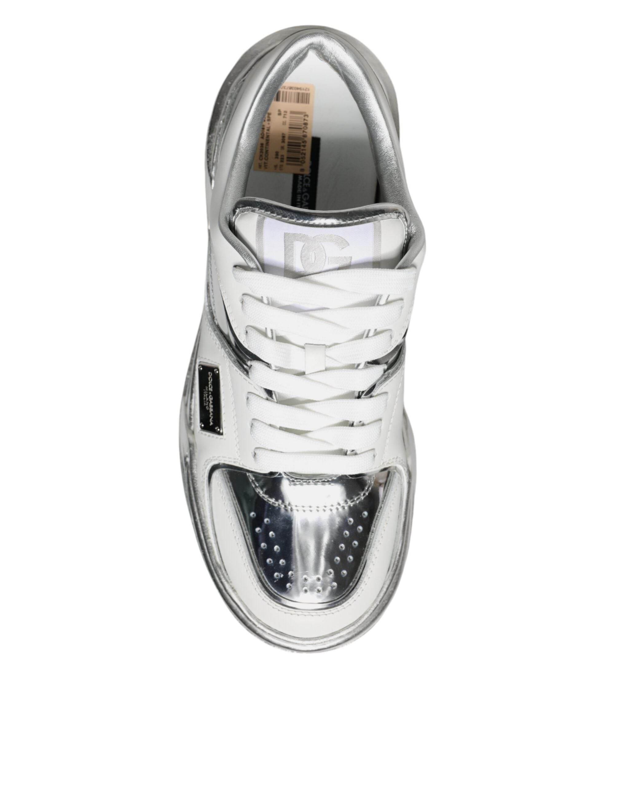 Dolce & Gabbana White Silver Leather Low Top Sneakers Shoes - Hilstor