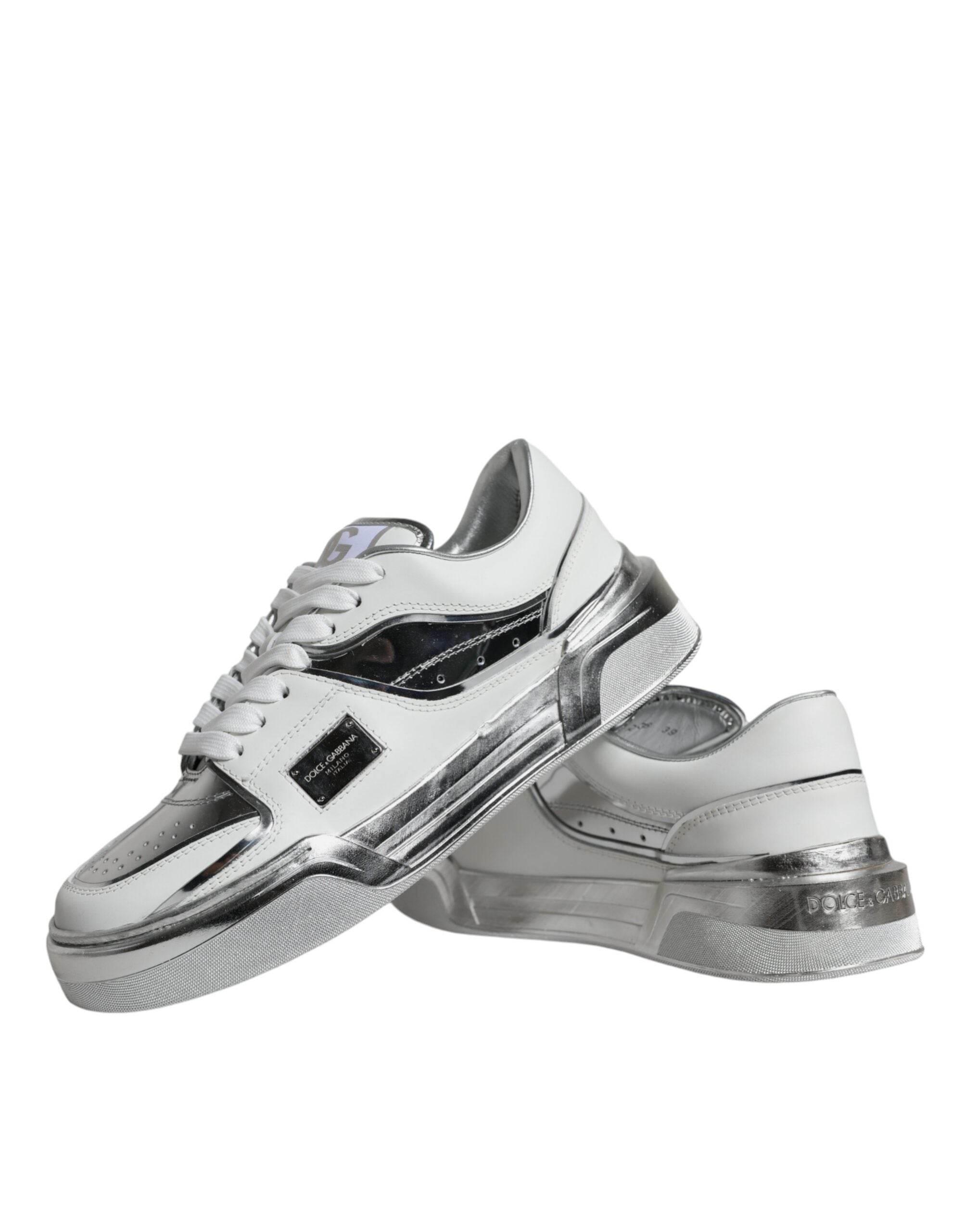 Dolce & Gabbana White Silver Leather Low Top Sneakers Shoes - Hilstor