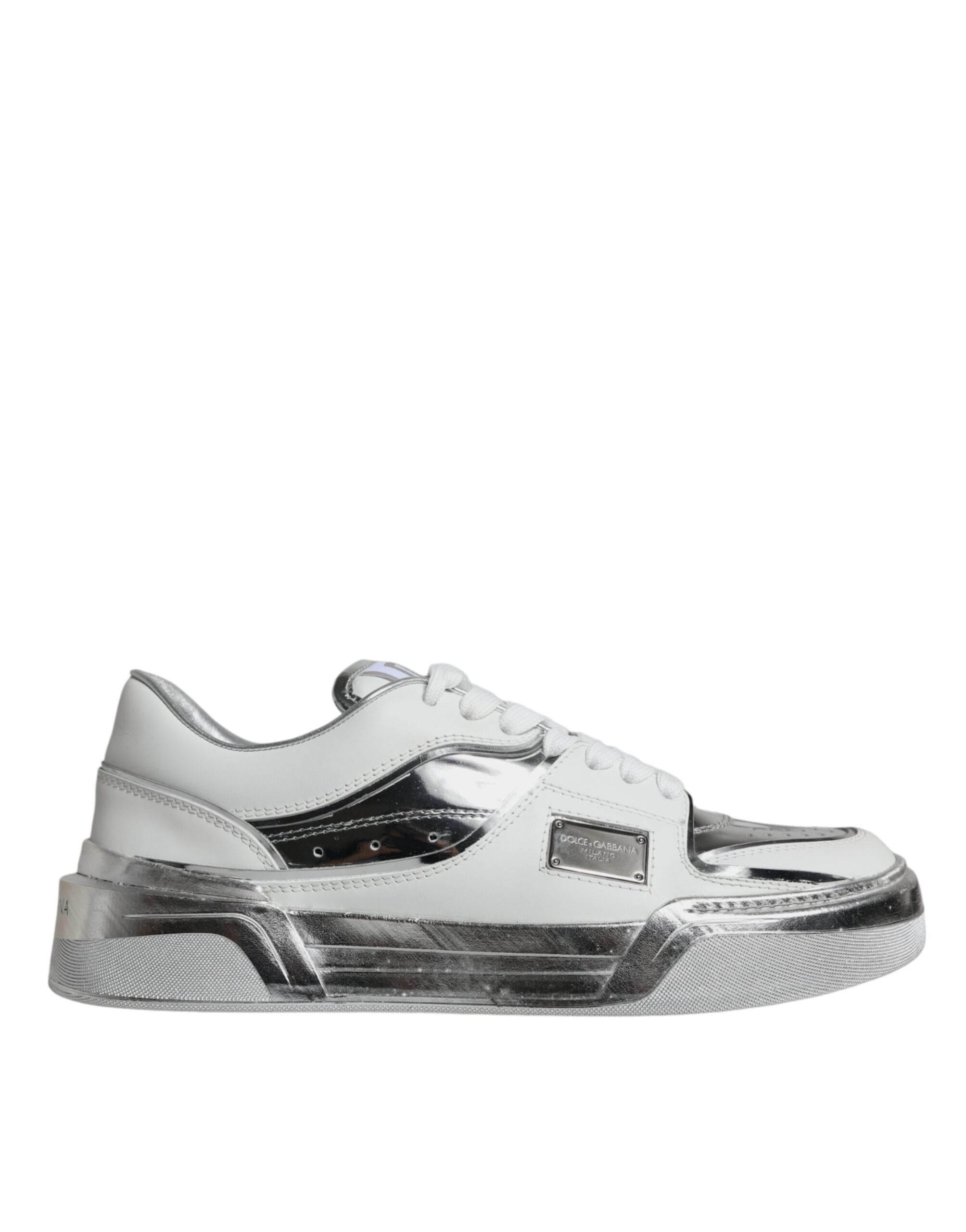 Dolce & Gabbana White Silver Leather Low Top Sneakers Shoes - Hilstor