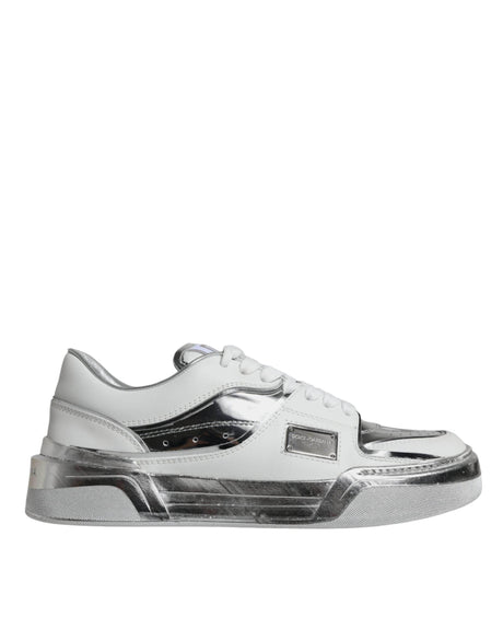 Dolce & Gabbana White Silver Leather Low Top Sneakers Shoes - Hilstor