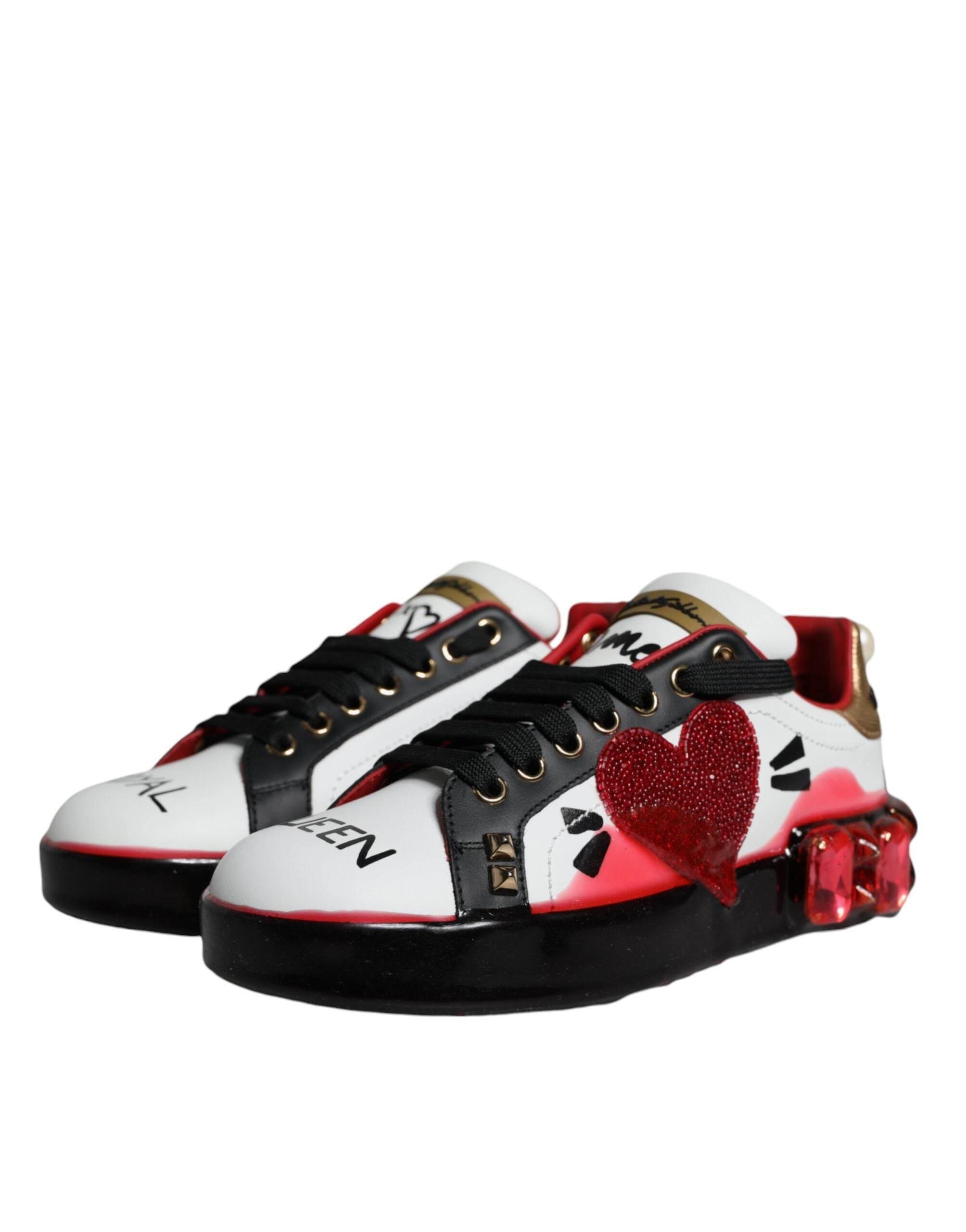Dolce & Gabbana White Red Crystals Leather Portofino Sneakers Shoes - Hilstor