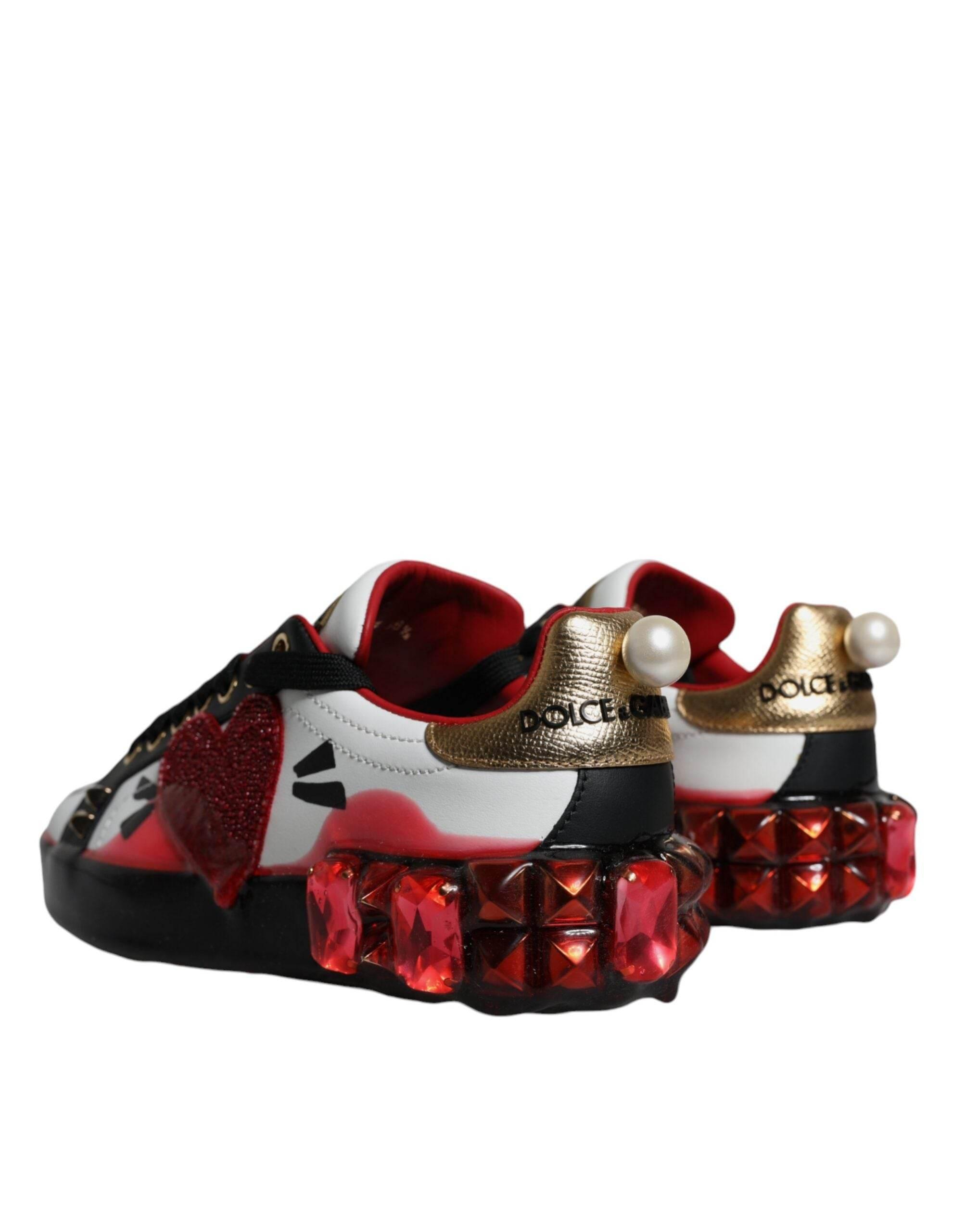 Dolce & Gabbana White Red Crystals Leather Portofino Sneakers Shoes - Hilstor