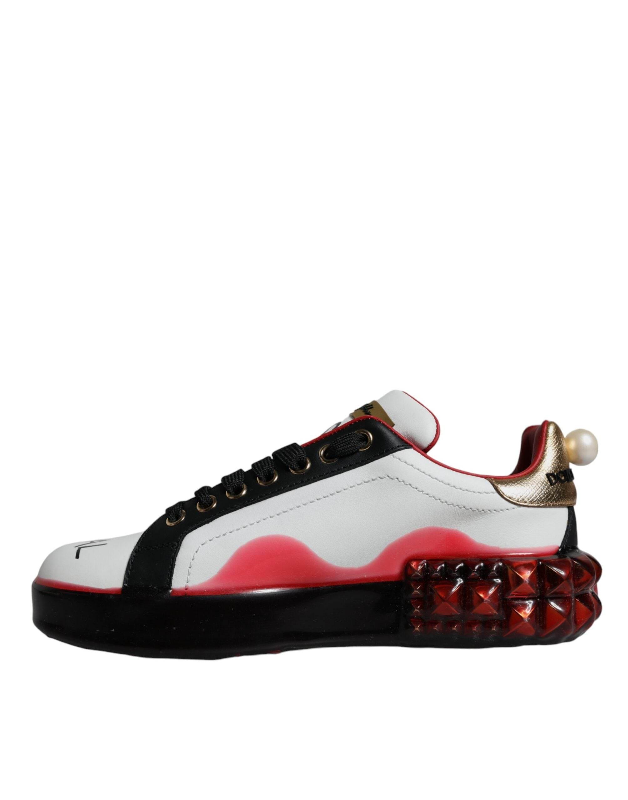Dolce & Gabbana White Red Crystals Leather Portofino Sneakers Shoes - Hilstor