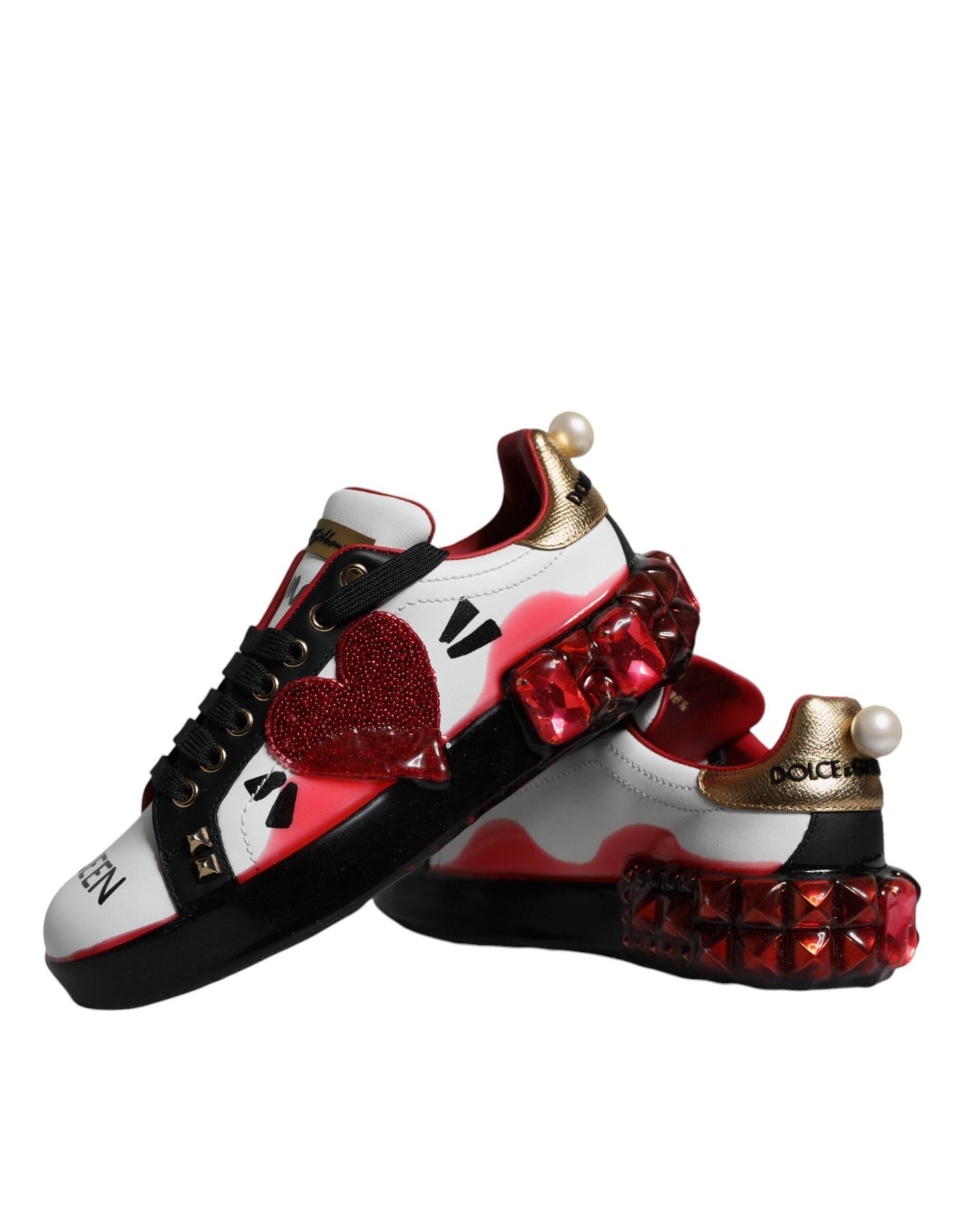 Dolce & Gabbana White Red Crystals Leather Portofino Sneakers Shoes - Hilstor