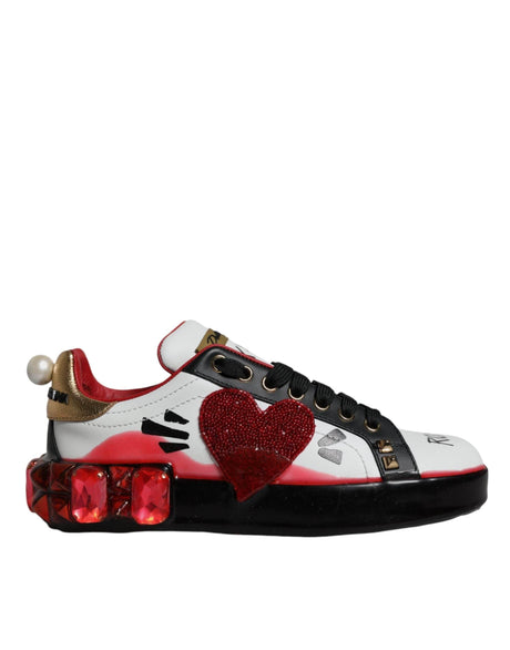 Dolce & Gabbana White Red Crystals Leather Portofino Sneakers Shoes - Hilstor