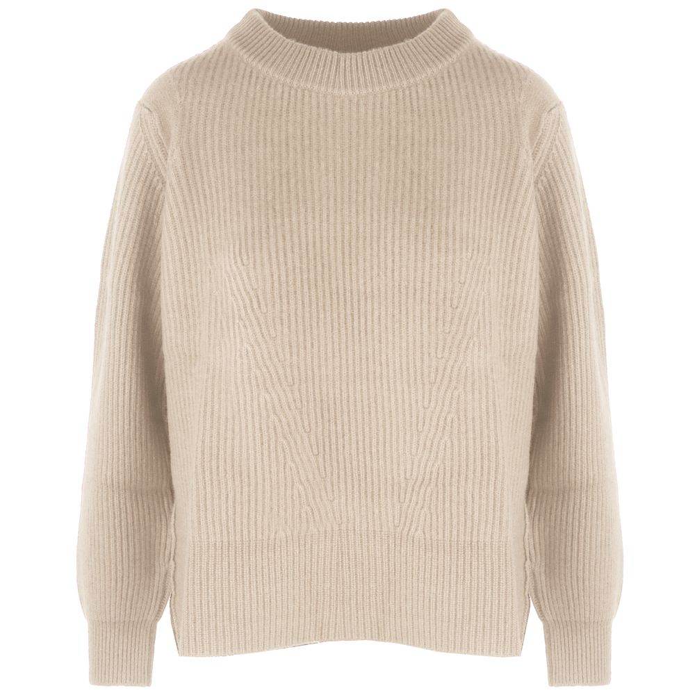 Malo Beige Cashmere Women Sweater with Side Slit and Ribbed Detail - Hilstor