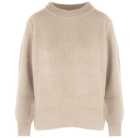 Malo Beige Cashmere Women Sweater with Side Slit and Ribbed Detail - Hilstor