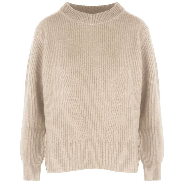Malo Beige Cashmere Women Sweater with Side Slit and Ribbed Detail - Hilstor