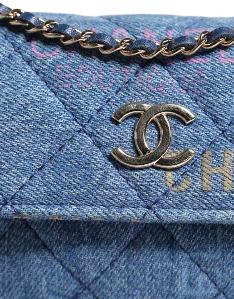 Chanel Denim Mood Flap Micro Logo Printed Fringed Shoulder Bag - Hilstor