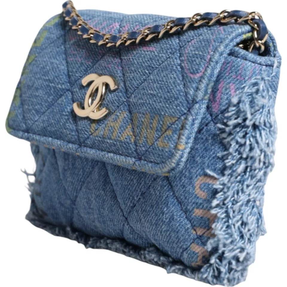 Chanel Denim Mood Flap Micro Logo Printed Fringed Shoulder Bag - Hilstor