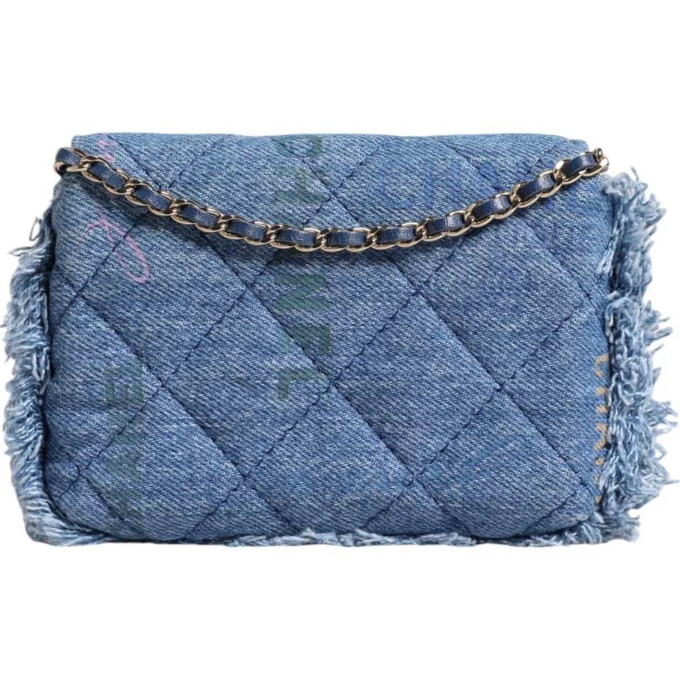 Chanel Denim Mood Flap Micro Logo Printed Fringed Shoulder Bag - Hilstor