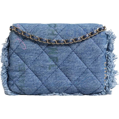 Chanel Denim Mood Flap Micro Logo Printed Fringed Shoulder Bag - Hilstor