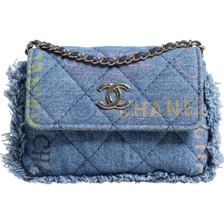 Chanel Denim Mood Flap Micro Logo Printed Fringed Shoulder Bag - Hilstor