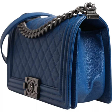 Chanel Blue Lambskin Double Chain Leather Medium Shoulder Bag - Hilstor