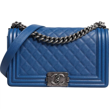 Chanel Blue Lambskin Double Chain Leather Medium Shoulder Bag - Hilstor