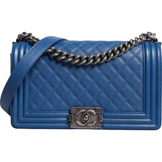 Chanel Blue Lambskin Double Chain Leather Medium Shoulder Bag - Hilstor