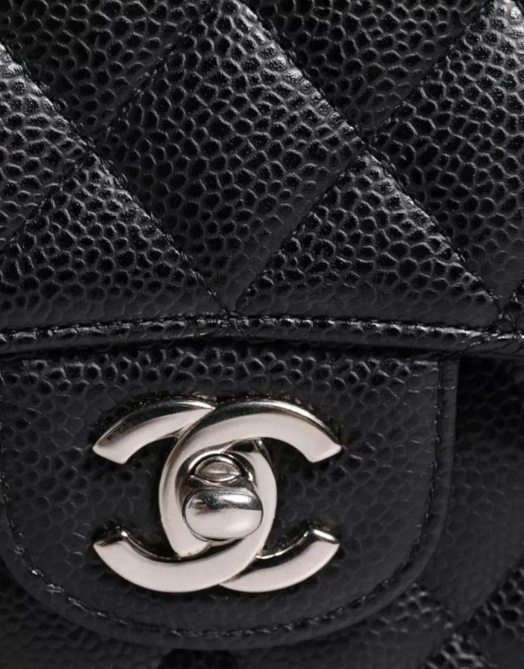 Chanel Black Caviar Medium Classic Double Flap Shoulder Quilted Silver Bag - Hilstor