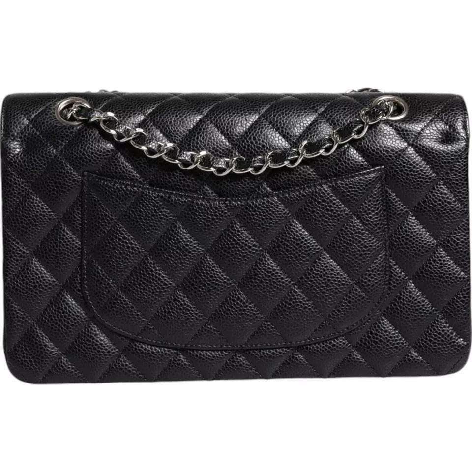Chanel Black Caviar Medium Classic Double Flap Shoulder Quilted Silver Bag - Hilstor
