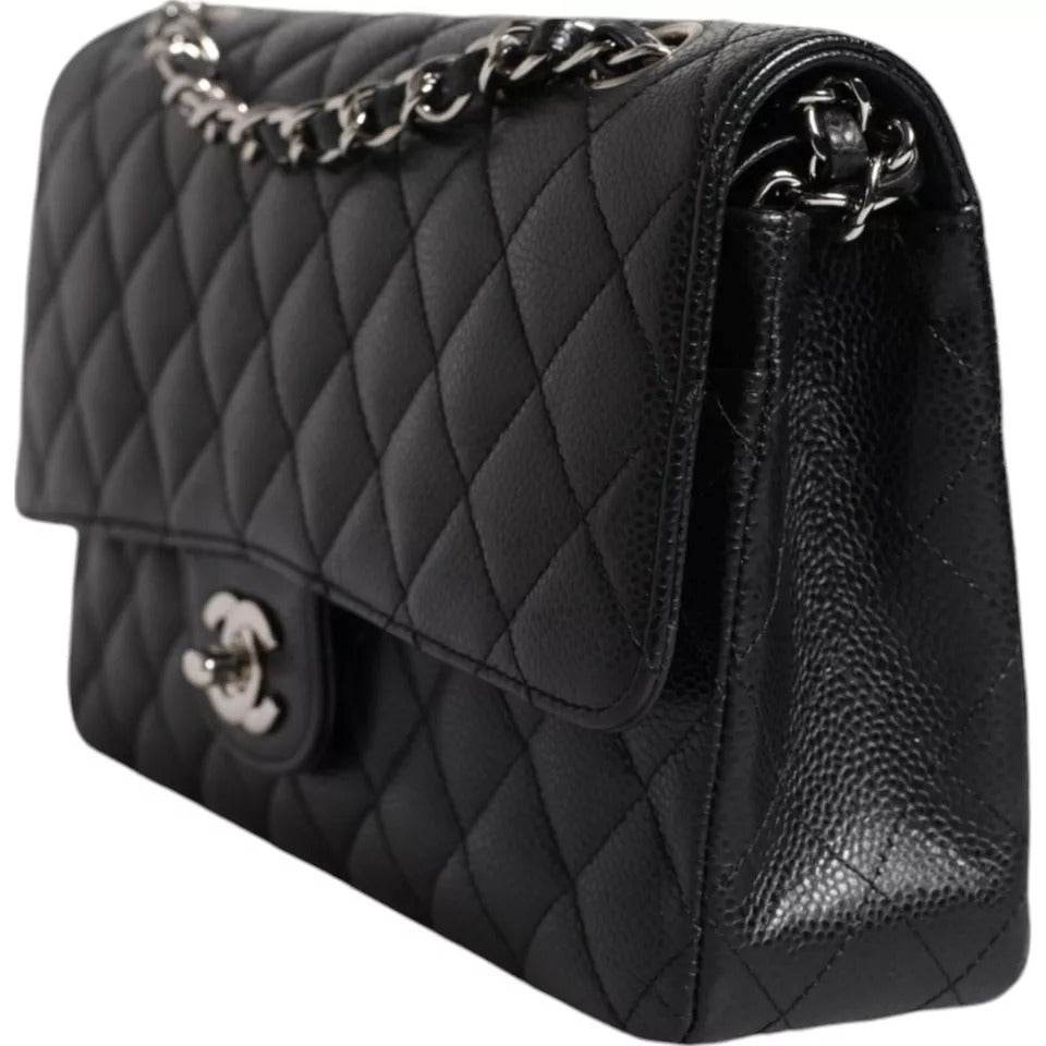 Chanel Black Caviar Medium Classic Double Flap Shoulder Quilted Silver Bag - Hilstor