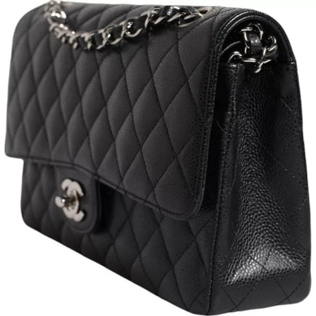 Chanel Black Caviar Medium Classic Double Flap Shoulder Quilted Silver Bag - Hilstor