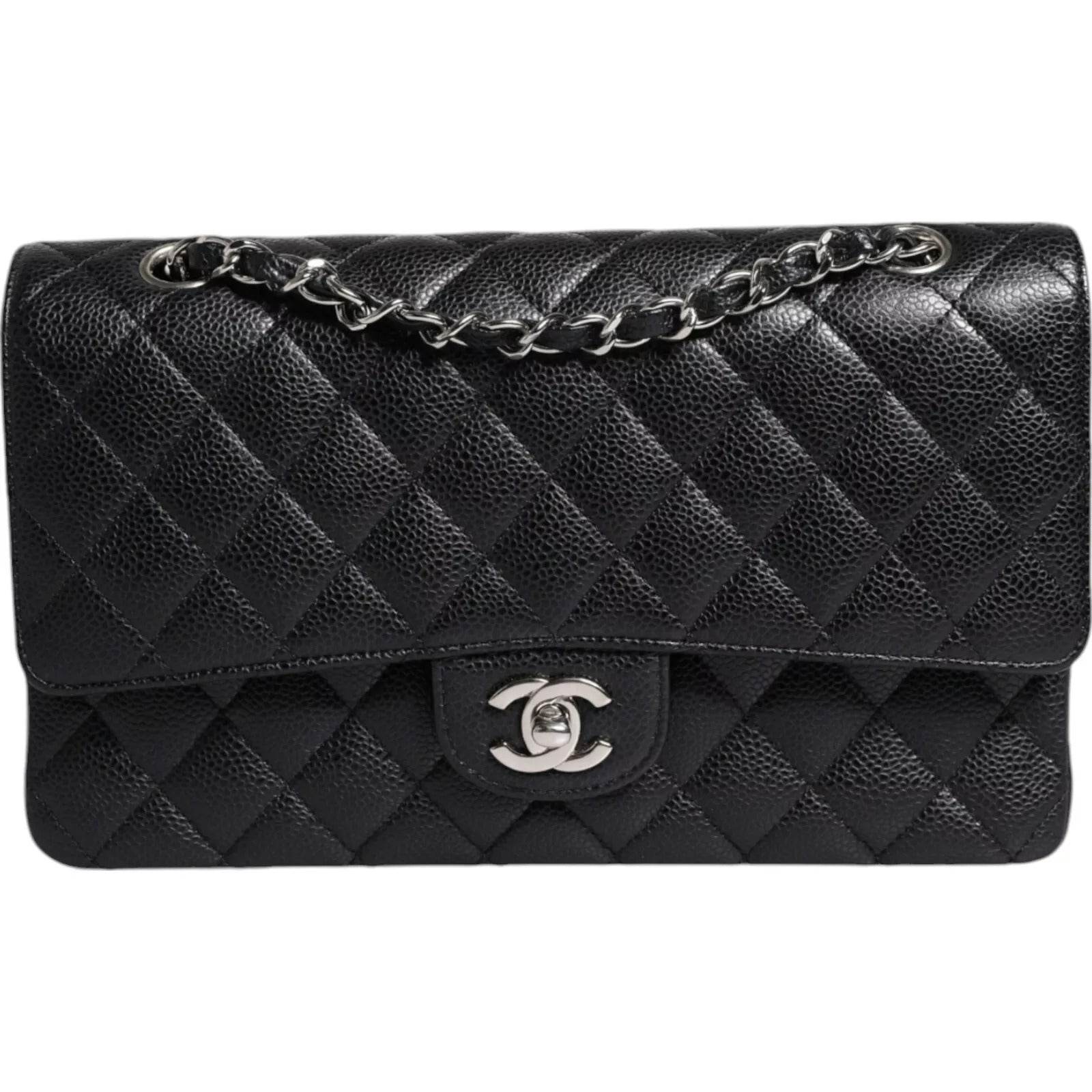 Chanel Black Caviar Medium Classic Double Flap Shoulder Quilted Silver Bag - Hilstor
