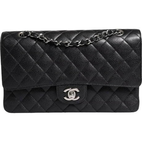 Chanel Black Caviar Medium Classic Double Flap Shoulder Quilted Silver Bag - Hilstor