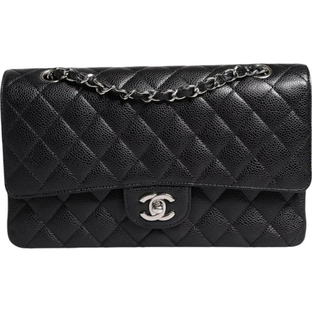 Chanel Black Caviar Medium Classic Double Flap Shoulder Quilted Silver Bag - Hilstor