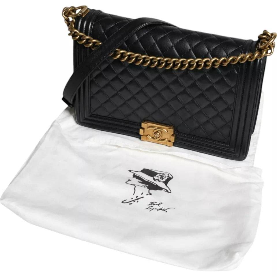 Chanel Black Large Lambskin Double Chain Gold Leather Shoulder Bag - Hilstor