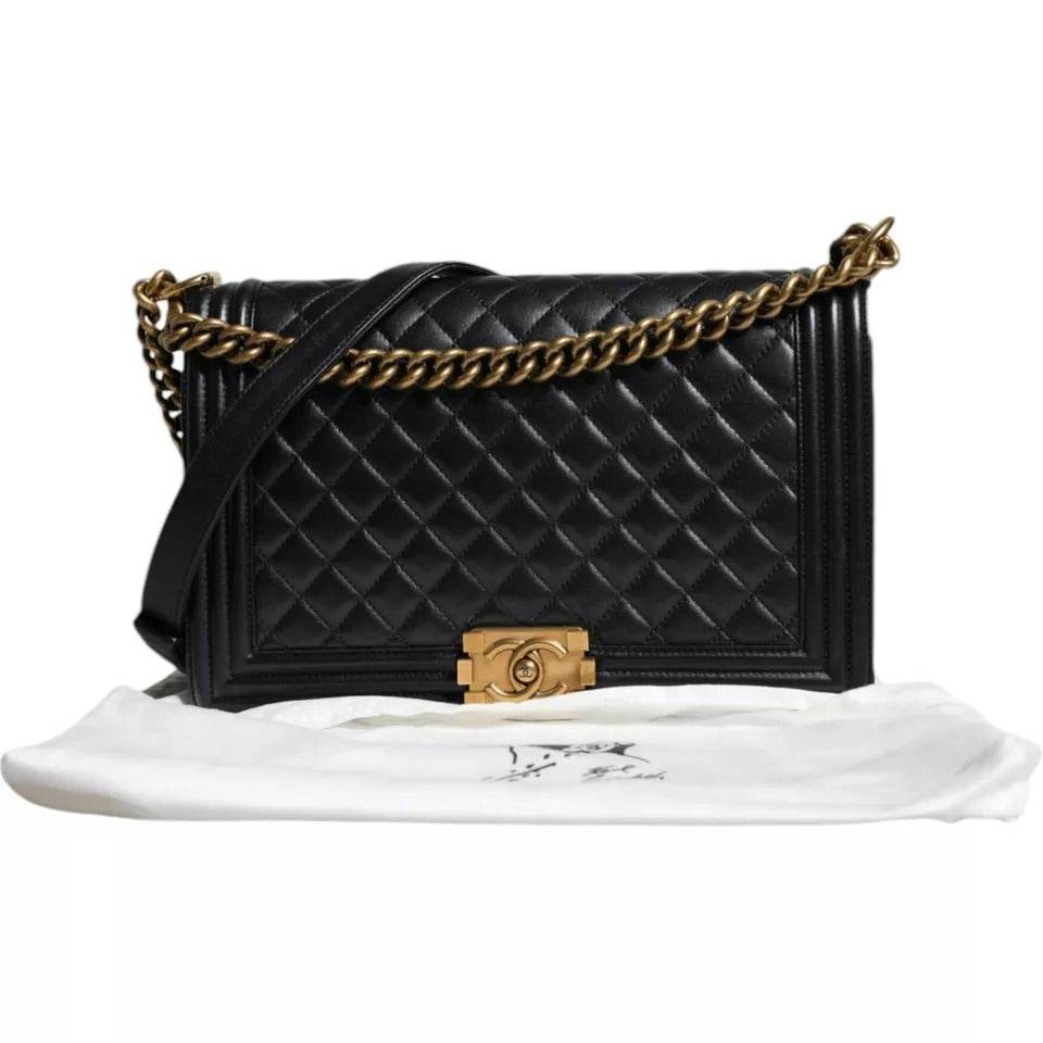 Chanel Black Large Lambskin Double Chain Gold Leather Shoulder Bag - Hilstor