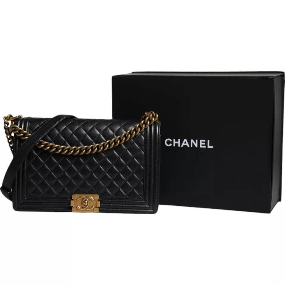Chanel Black Large Lambskin Double Chain Gold Leather Shoulder Bag - Hilstor