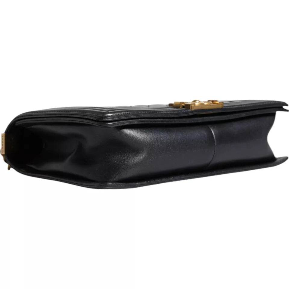 Chanel Black Large Lambskin Double Chain Gold Leather Shoulder Bag - Hilstor