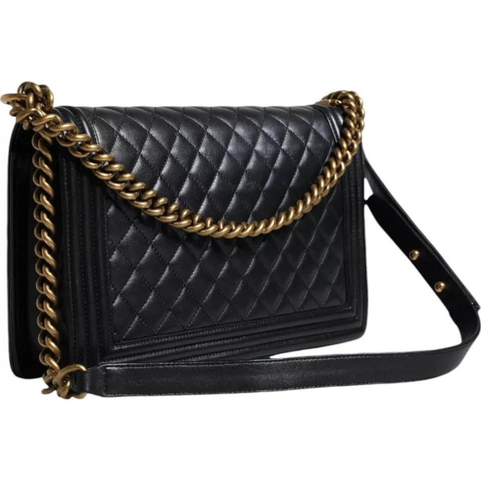 Chanel Black Large Lambskin Double Chain Gold Leather Shoulder Bag - Hilstor