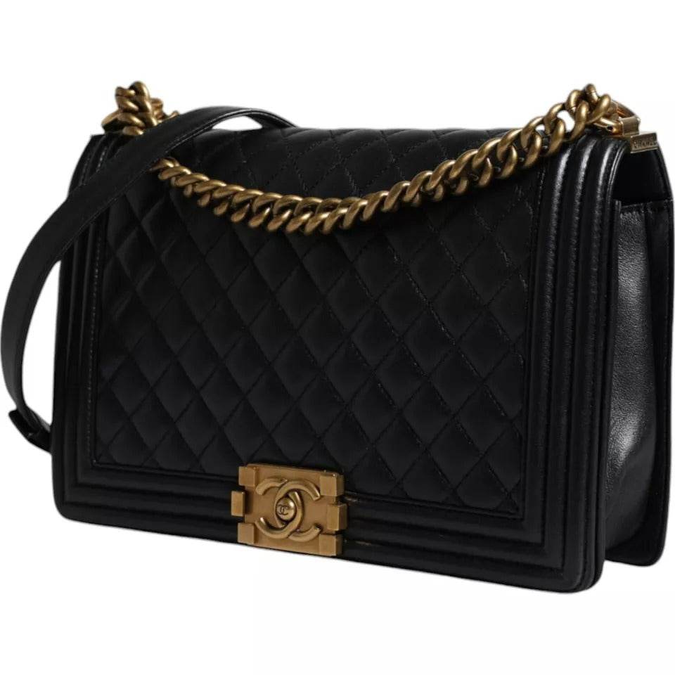 Chanel Black Large Lambskin Double Chain Gold Leather Shoulder Bag - Hilstor