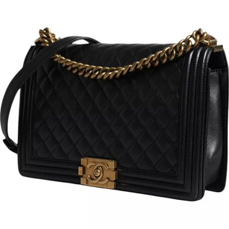Chanel Black Large Lambskin Double Chain Gold Leather Shoulder Bag - Hilstor