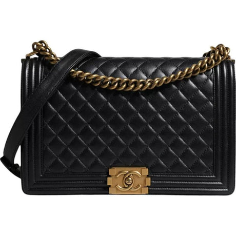 Chanel Black Large Lambskin Double Chain Gold Leather Shoulder Bag - Hilstor