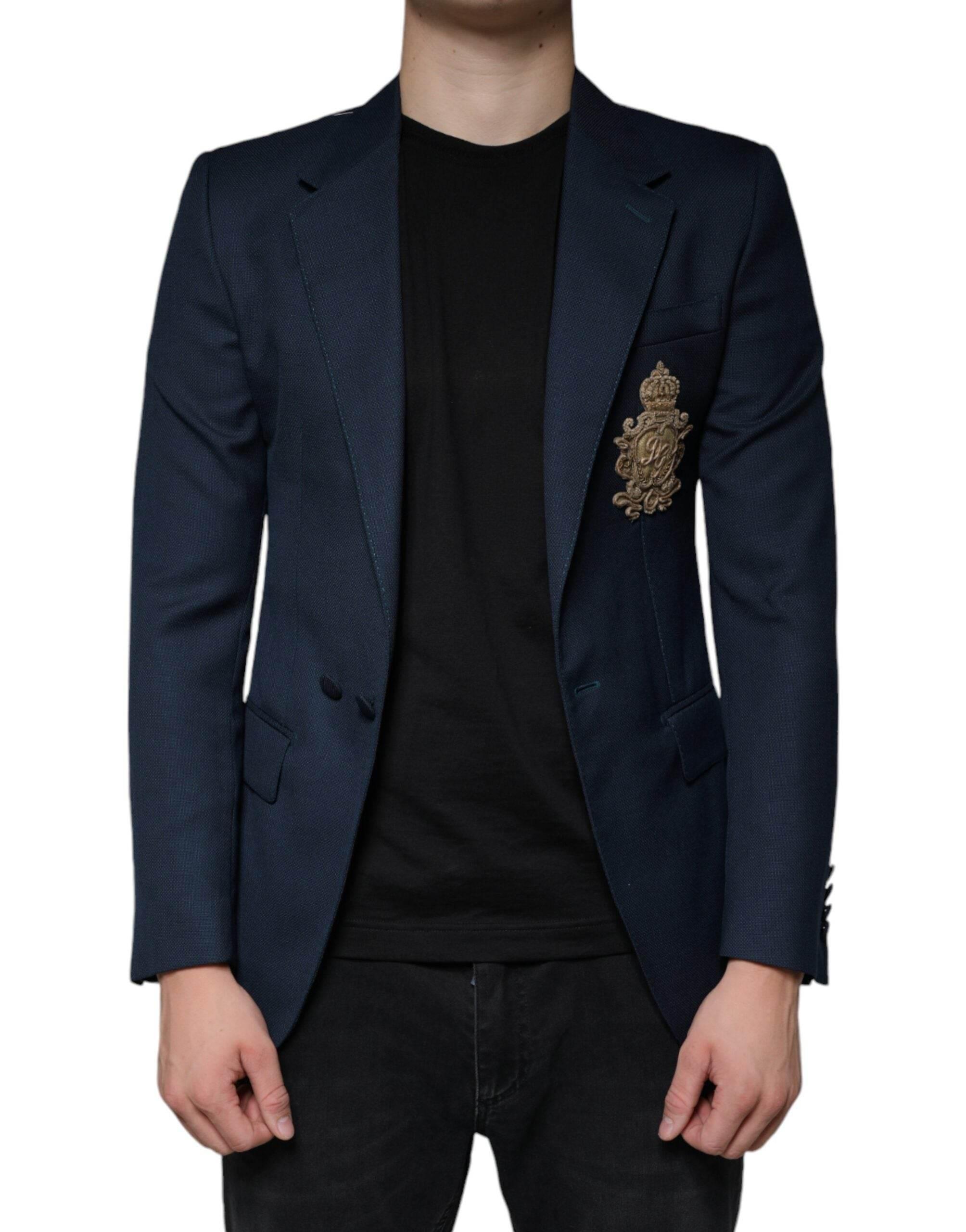 Dolce & Gabbana Blue Wool Logo Single Breasted Coat Blazer - Hilstor