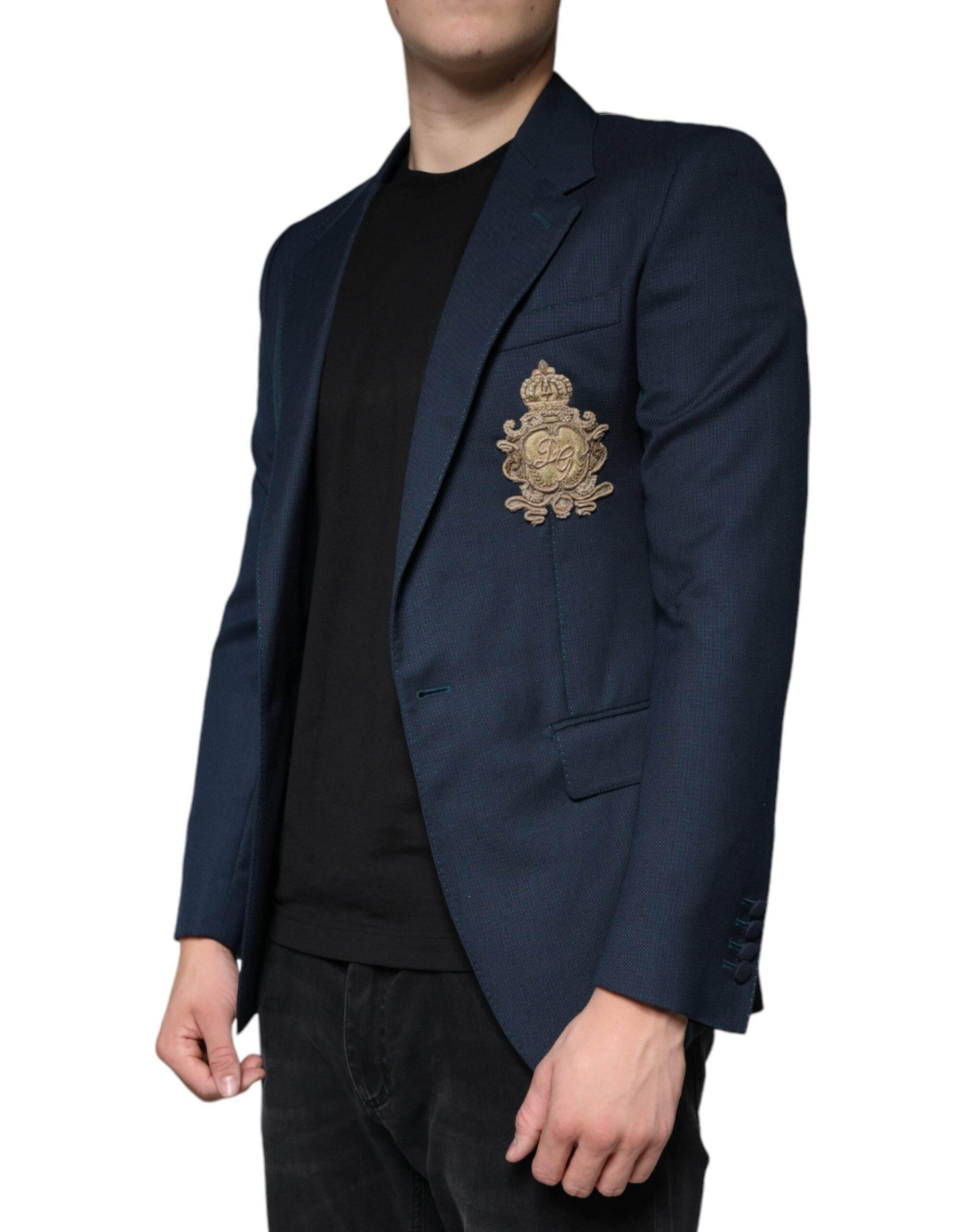 Dolce & Gabbana Blue Wool Logo Single Breasted Coat Blazer - Hilstor