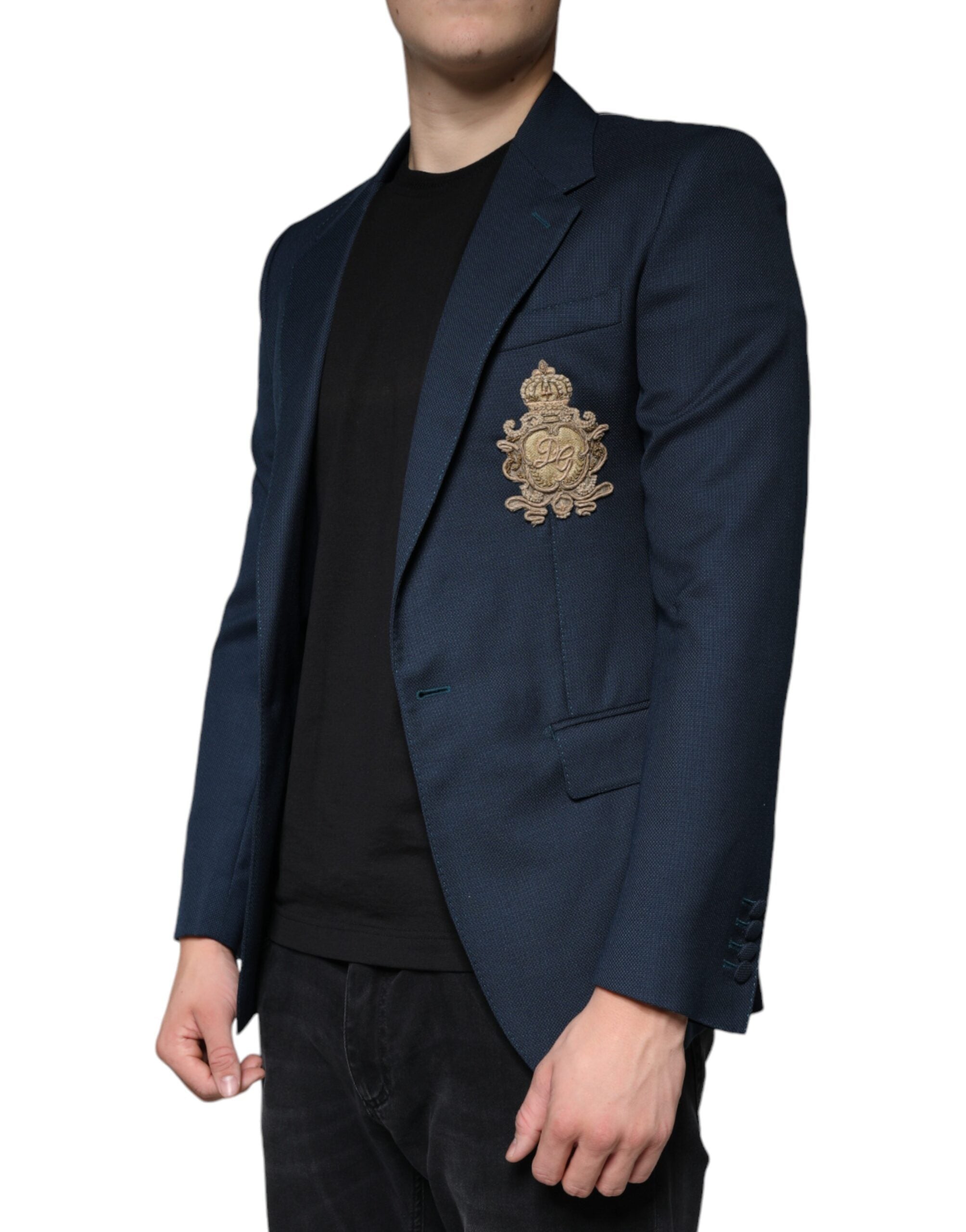 Dolce &amp; Gabbana Blue Wool Logo Single Breasted Coat Blazer