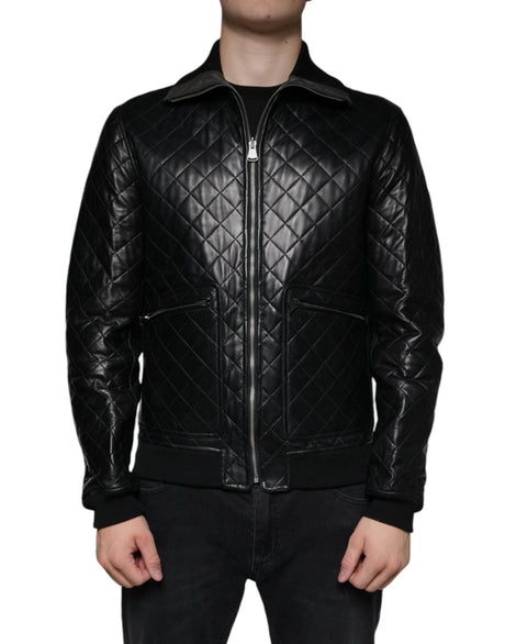 Dolce & Gabbana Black Calf Leather Quilted Full Zip Jacket - Hilstor