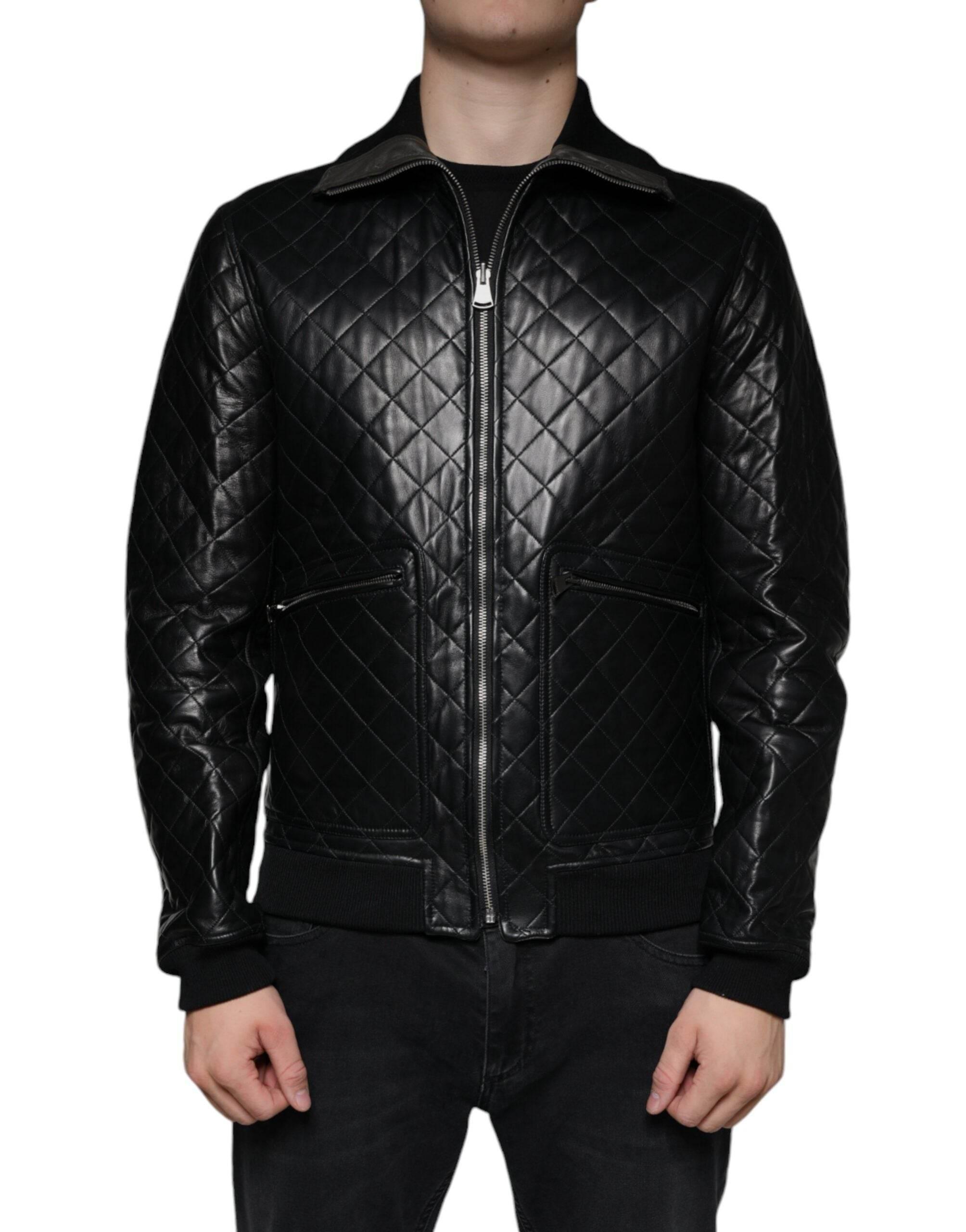 Dolce & Gabbana Black Calf Leather Quilted Full Zip Jacket - Hilstor