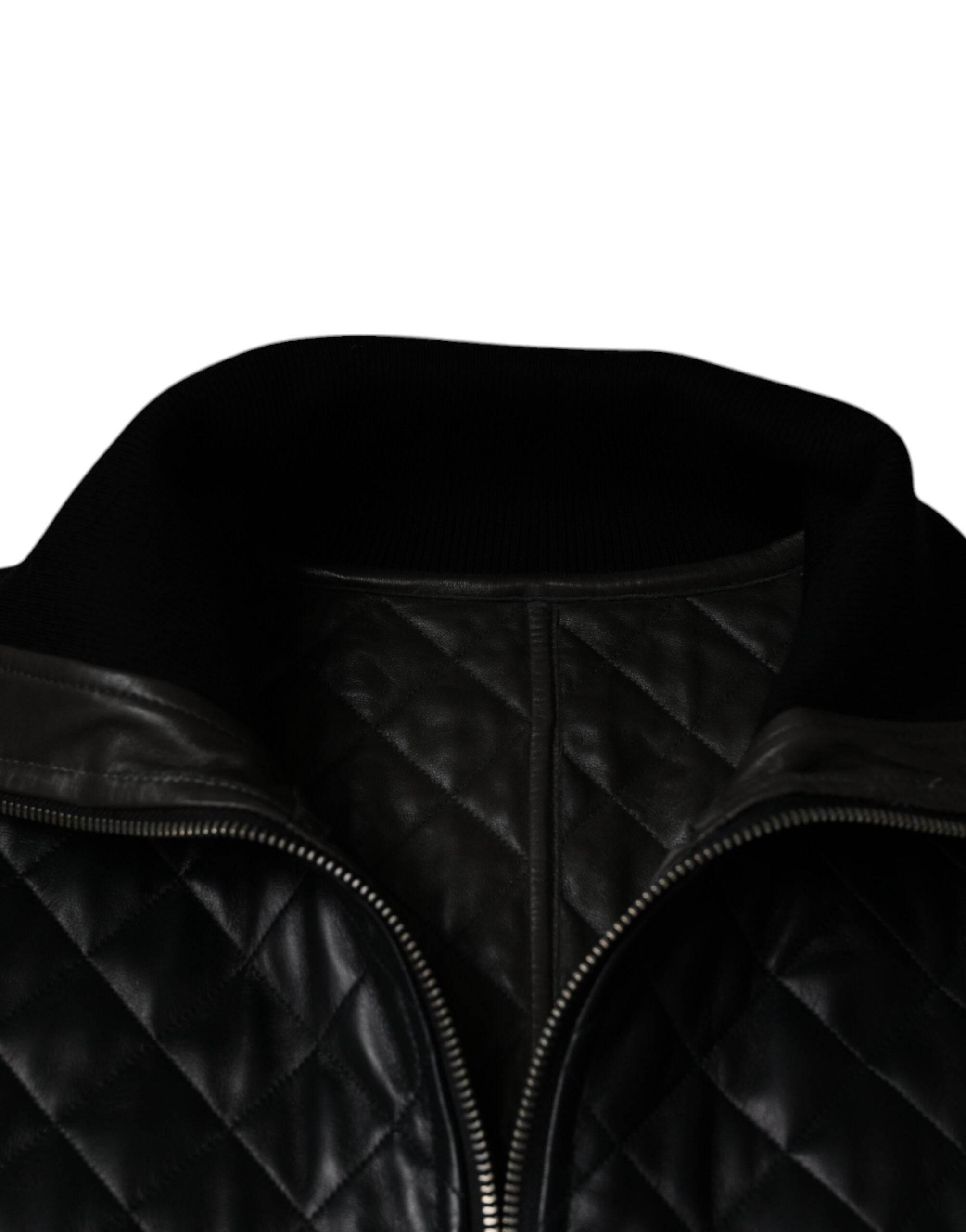 Dolce & Gabbana Black Calf Leather Quilted Full Zip Jacket - Hilstor