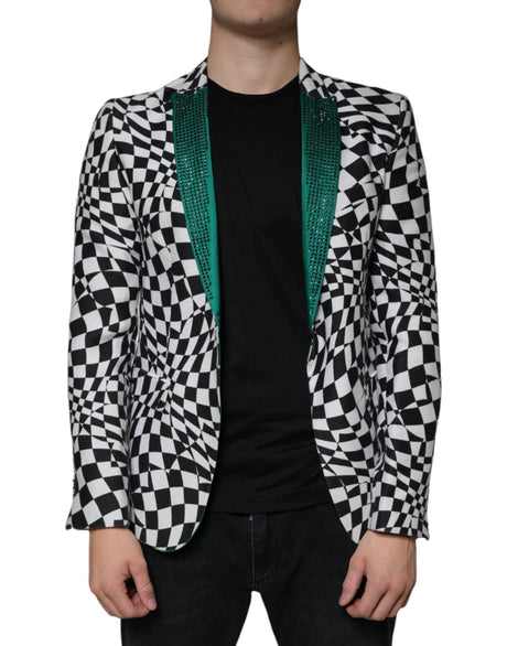 John Richmond Black White Checkered Crystal Single Breasted Blazer - Hilstor