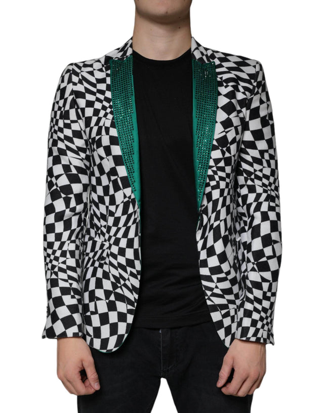 John Richmond Black White Checkered Crystal Single Breasted Blazer - Hilstor
